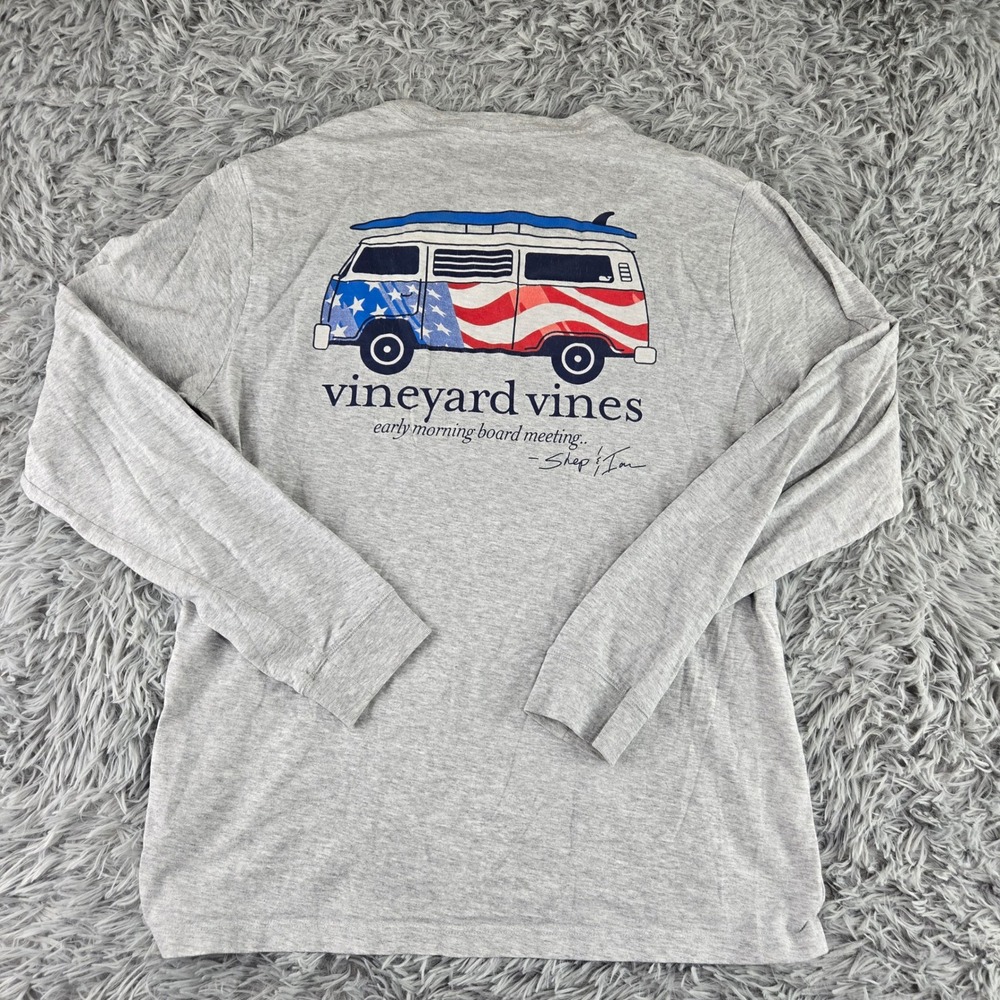Vineyard Vines Mens S Gray USA Flag Surf Van Graphic Long Sleeve Pocket T-Shirt - Picture 3 of 5